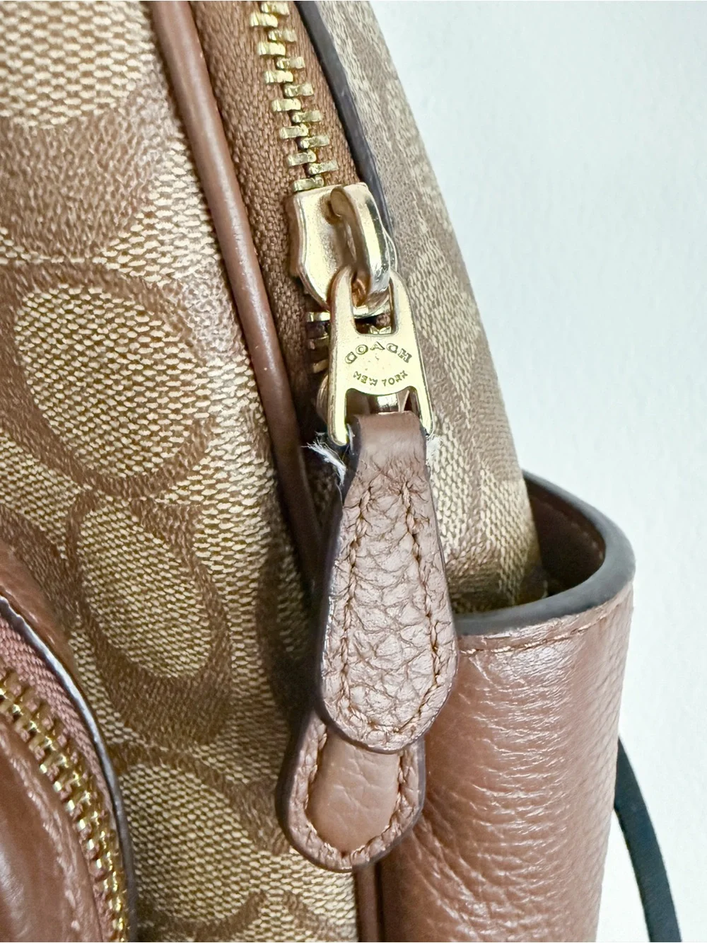 Coach Court 5671 Khaki Saddle Leather Canvas Signature Backpack